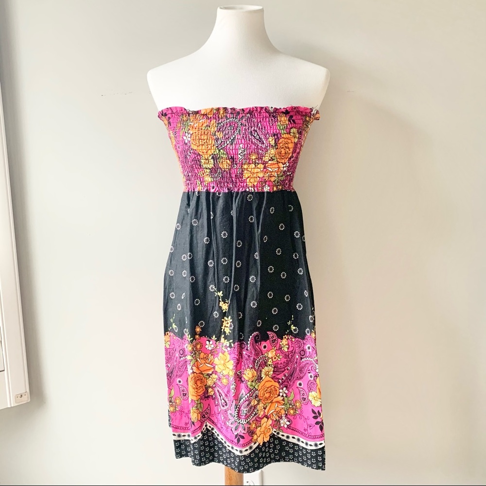 Pink and Black Floral Strapless Dress Size Small
